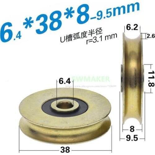 1pcs 6.4*38*8-9.5mm U-groove metal pulley, carbon steel rubber cover, wire rope conductor pulley, lifting pulley