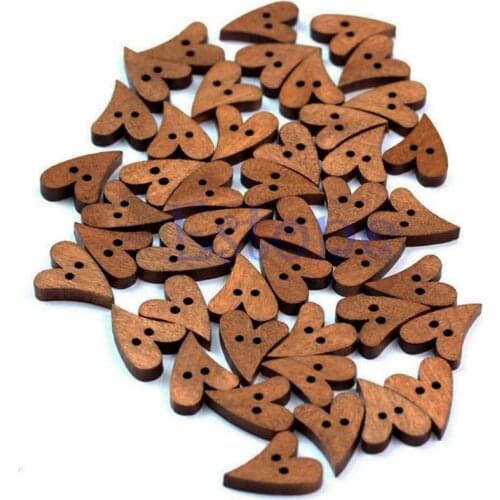100 PCS 20Mm Heart Shape Brown Wood Wooden Sewing Button Craft Scrapbooking E56C