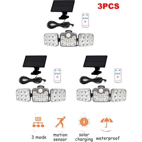 3pcs 138 led remote seperable 3 Head Solar Wall Light Waterproof Outdoor Motion Sensor Garden Lamp Rotatable Solar Panel Emergen