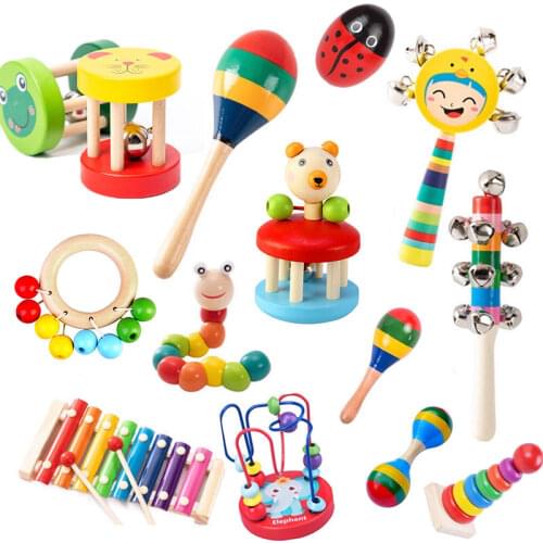Montessori Wooden Rattles For Baby Sand Hammer Baby Rattle Educational Musical Wooden Toys Development Baby Toys 0 12 Months
