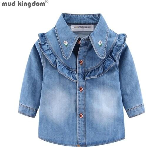 Mudkingdom Ruffle Girls Denim Blouse with Floral Collar Long Sleeve Tops Kids Spring Jean Jacket Children Clothes Girl Outerwear