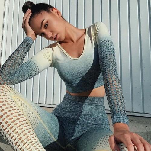Gradient color fitness suit high waist sports tight yoga trousers hanging dye navel long-sleeved top women