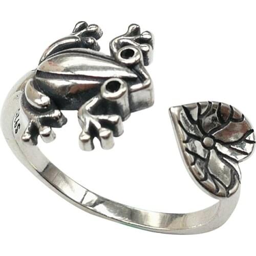 BOCAI New Real S925 Pure silver retro compact design Exquisite and cute frog lotus leaf woman ring