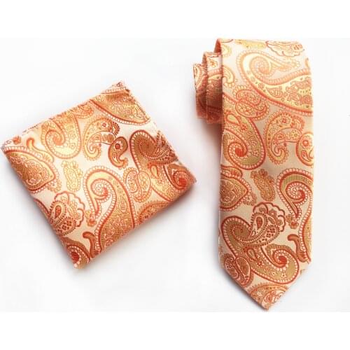 Wholesale Men Necktie Set Luxury Golden Yellow Paisley Ties with Pocket Square