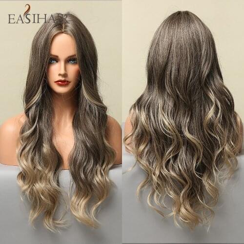 EASIHAIR Ombre Black Dark Brown Long Wavy Gloden Highlight Wigs Heat Resistant Synthetic Daily Cosplay Wigs for Black Women