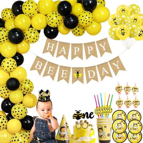 Bee Latex Balloons Black Dots Star Foil Globos Cartoon Honey Bee Themed Birthday Party Baby Shower Decoration Supplies