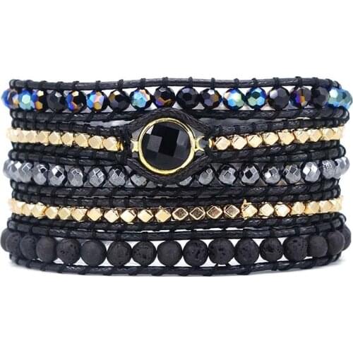 Hand-Woven Bohemian Fashion Jewelry Rope Black Mix Natural Stone 5 Strands Wraps Bracelet for Women & Men
