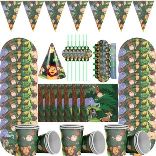 Cartoon Jungle Animal Supplies Tableware Happy Birthday Green Forest Party Decor Kids Boy Jungle Theme Party Safari Party Decor