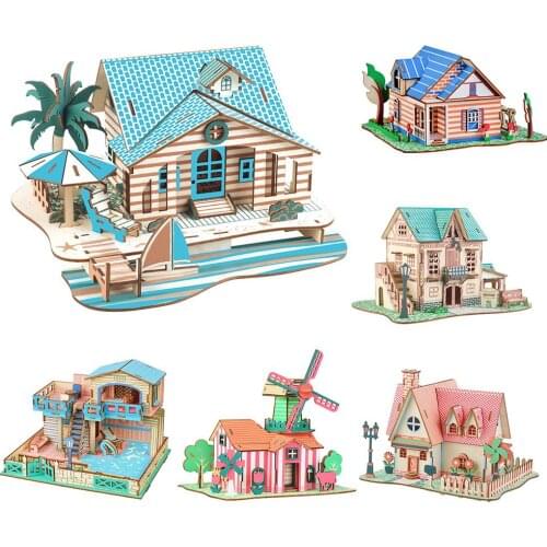 DIY Assembly Puzzle Building 3D Mini Wooden Castle Villas House Architecture Model Education Kids Toy
