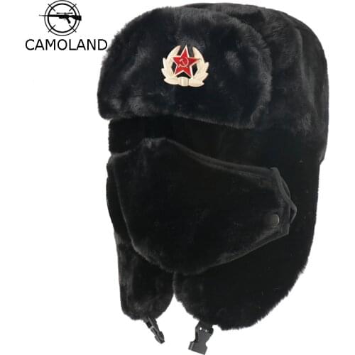 CAMOLAND Soviet Army Military Badge Bomber Hat Men Women Russia Ushanka Hats Faux Rabbit Fur Earflap Snow Caps Trapper Hats