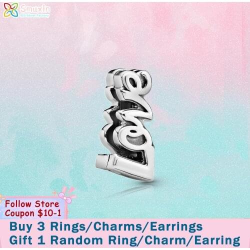Smuxin 925 Sterling Silver Bead Love Script Clip Charms fit Original Pandora Bracelets for Women Jewelry Making Girl Gift