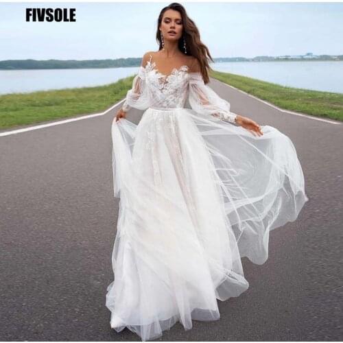 Fivsole Long Puff Sleeves Wedding Dresses Appliques Lace 3D Flowers off Shoulder Tulle Boho Bride Gown 2021 Vestidos De Novia