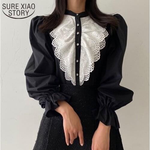 Korean Spring Hollow Patchwork Lace Blouse Women Chic Long Puff Sleeve Lace Ladies Shirt Solid Palace Style Button New Top 13272