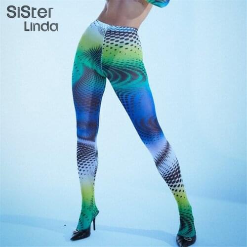 Sisterlinda Tie Dye Print Mesh Women Foot Leggings Fall High Waist Skinny Pantyhose Trousers Aesthetic Pants Streetwear Outfits