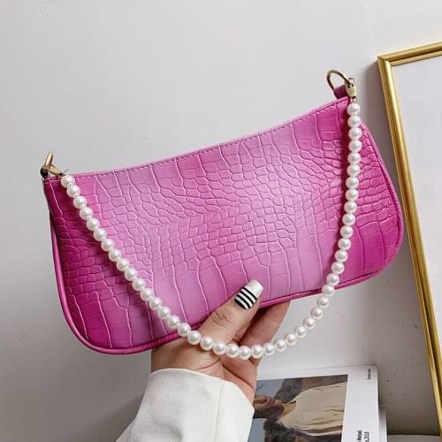 Women Multicolor Underarm Shoulder Bag Luxury Gradient Color Axillary Pouch Female Crocodile Pattern PU Leather Pearl Chain Tote