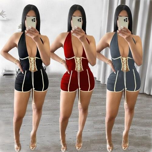 Summer Clothing Bodysuit Fashion Simple Sexy Solid Bandage Rompers Womens Jumpsuit One Piece Club Outfits Streetwear Wholesale