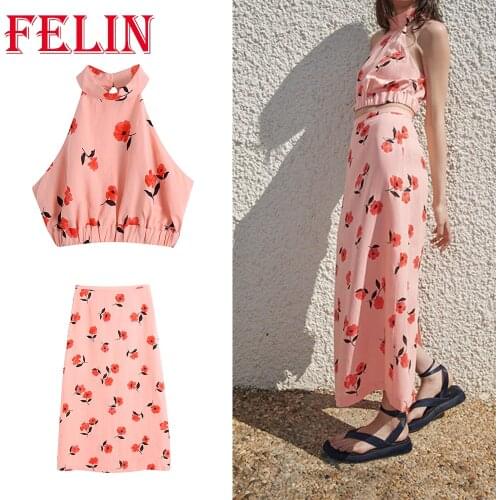 Za 2021 Women 2 Piece Sets Pink Sleeveless Floral Printed Short Blouses High Waist Zipper Skirts High Street Sets Traje De Mujer