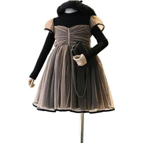 Winter Girls Dress England Style Long Sleeve Mesh Thicken Velvet Princess Costume Kids Birthday Party Dress 2-7Yrs Girls Clothes