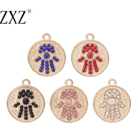 ZXZ 10pcs Gold Tone Crystal Rhinestone Evil Eye Hamsa Hand Round Circle Charms Pendants for Necklace Bracelet Jewelry Making
