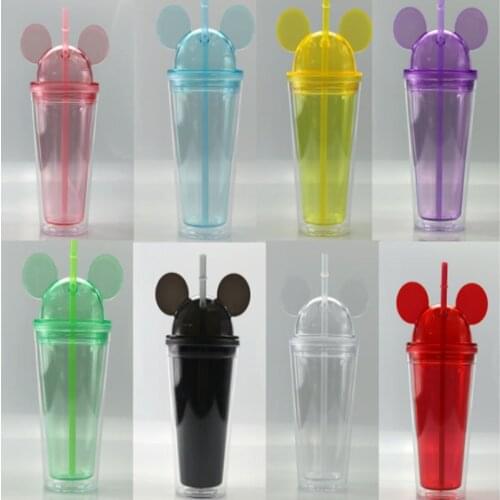 450mL Mickey Lid Thermos Double Vacuum Cup Portable Water Cup Straw Ice Cream Cup Tumbler Cup Christmas Gift