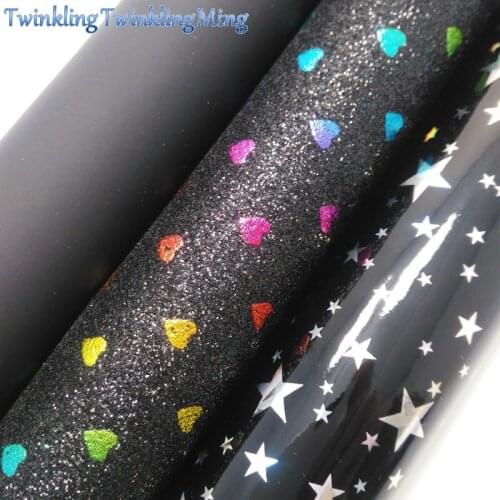 Black Glitter Fabric, Hearts Stars Faux Leather Fabric, Synthetic Leather Sheets For Bow A4 8"x11" Twinkling Ming XM245