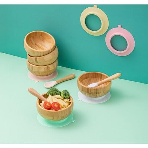 Baby Dinner Plate Baby Feeding Bowl Childrens Dishes Wooden Kids Feeding Dinnerware With Silicone Suction Cup Wooden Spoon
