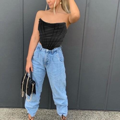 Women Sexy Strapless Mesh Bustier Corset Crop Top Zip Up Backless Solid Color Boned Cami Push Up Off the Shoulder Body Shaper C