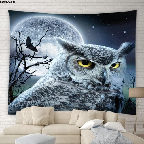 Owl Tapestry Wild Animal Moon Night View Halloween Psychedelic Background Wall Hanging Cloth Dorm Living Room Bedroom Home Decor