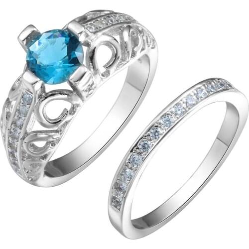 Hainon New Arrival Silver Color 2PCS Ring Sets With Round Sky Blue Cubic Zirconia Wedding Engagement Jewelry Ring Gifts