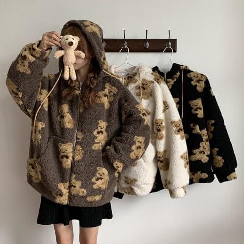 New Women Winter lamb Plush Hoodie Jacket Cartoon Bear Print Oversized Loose Coat Harajuku Warm Zip Up Sweatshirt Outwear
