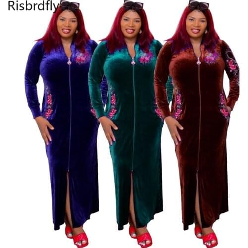 African Dresses for Women 2021 Spring and Autumn African Women Long Sleeve V-neck Plus Size Long Dress African Clothes