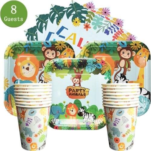Woodland Animals Disposable Tableware Jungle Safari Birthday Party Kid Zoo Monkey Lion Zebra Elephant One 1st Boy Birthday Party