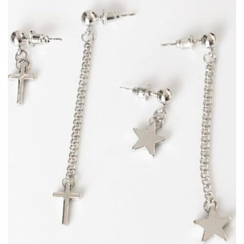 Fashion Unique Design Gold/Silver Color Asymmetrical Cross Earrings Fashion Five-pointed Star Long Tassel Earrings For Wholesale