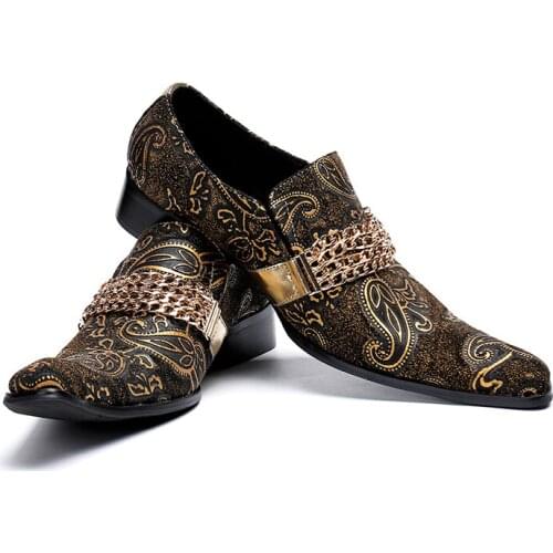 Factory Handmade business man shoes leather genuine Fashion Metal Chain mens shoes Formal Strange Toe Party Dress Shoes Footwear