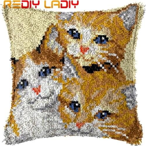 Latch Hook Kits Make Your Own Cushion Three Kittens Printed Canvas Crocheted Pillow Case Latch Hook Cushion Cover Hobby & Crafts