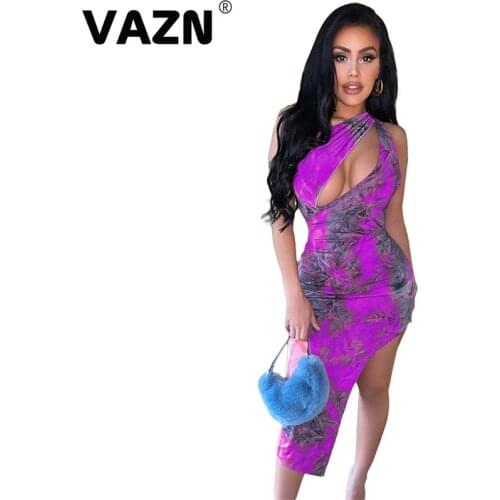 VAZN 2020 New Arrival Outspoken Hollow Out Sexy Night Club Fashion Sexy Halter Tank Sleeve Thin Women High Wait Midi Dress
