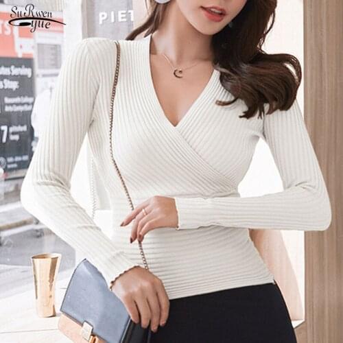 2021 Autumn Knitwear Sweater Cotton Solid Pullover Sexy V-neck Slim Knit Sweater Women Bodycon Korean Winter Women Clothes 10452