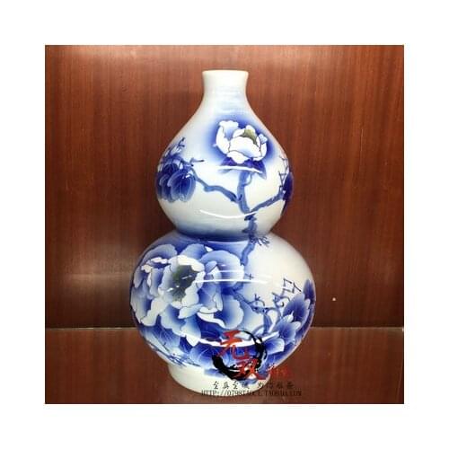Package mail jingdezhen chinaware bottle gourd peony famous Wu Wenhan hand-painted blue and white porcelain vase
