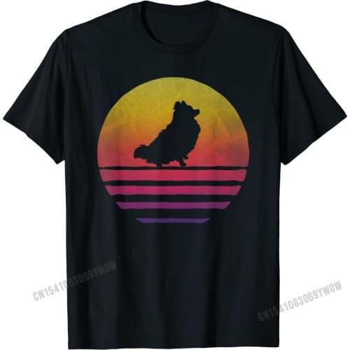 Retro Vintage Sunset Pomeranian Dog Lover Silhouette Gift T-Shirt Cotton Top for Students Print Tops & Tees Fitted Normal