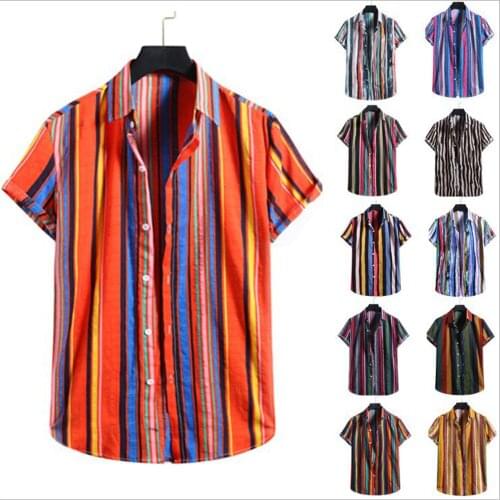 Hawaiian Style Color Stripe Printing Short-Sleeved Shirt Mens Spring Summer Beach Shirt Casual Loose Holiday Top XXL 2021 New