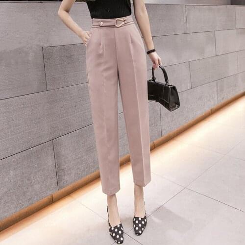 Spring Autumn 2021 Button Womens Formal Harem Pants Pockets High Waist Elegant Office Lady Workwear Chic Ankle-Length Pants