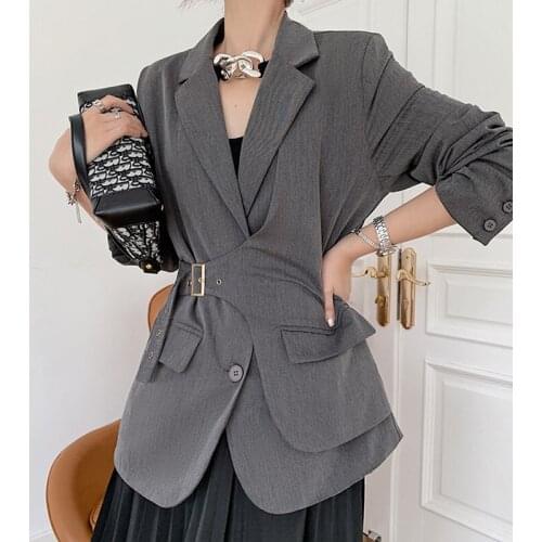 Vintage Women Gray Irregular Splicing Blazer Coat Turndown Collar Long Sleeve Loose Korean Female Suit Jacket Spring Autumn 2021