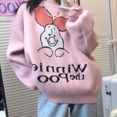 Oversized Loose Cartoon Pattern Knit Jumper Pullovers Winter Y2k Clothes Harajuku Sweet Pink Piggy Sweaters Fashion Streetwear