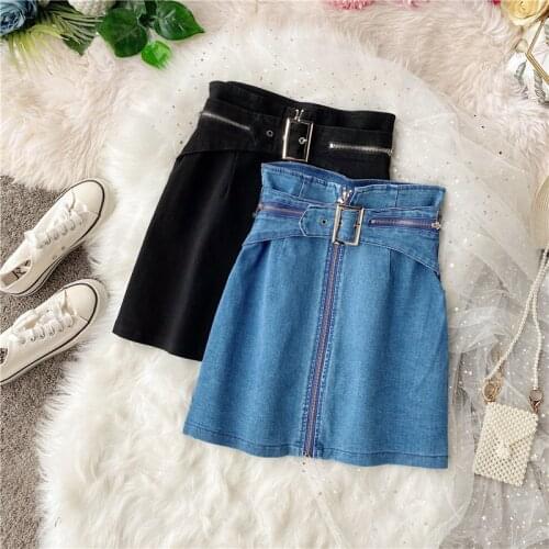 Casual Women A-Line Skirts Denim Sashes Zipper High Waist Ladies Fashion Skirts Vintage Female Solid Chic 2020 New Mimi Skirts