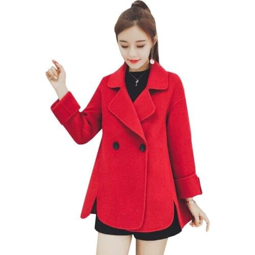 2021 Korean Retro Womens Clothes Suit Collar Woolen Coat New Fashion Slim Loose Solid Woolen Coat Temperament Button Blends