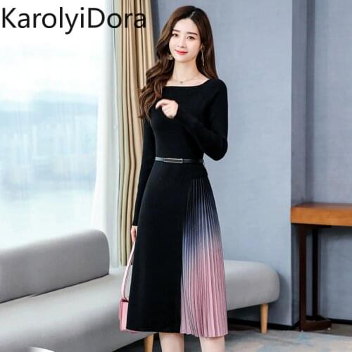 Elegant Long-Sleeved Slim Knitted Patchwork Gradient Color Pleated Sweater Dress 2020 Autumn Women Office Midi Dress With Belt