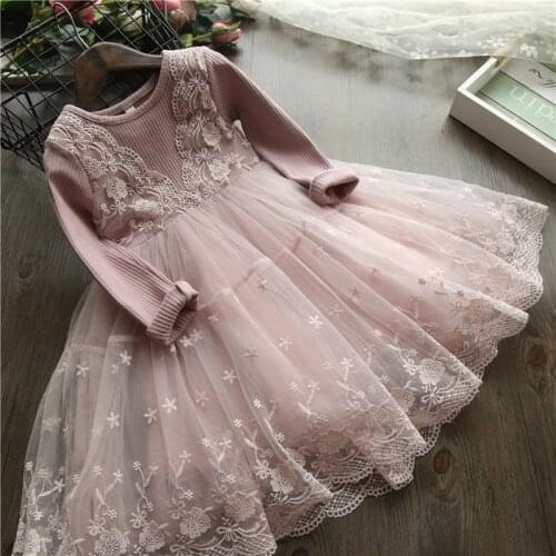 Winter Girl Dresses New Lace Flower Princess Dress Kids Long Sleeve Petal Mesh Costume Children New Year Christmas Girls Clothes