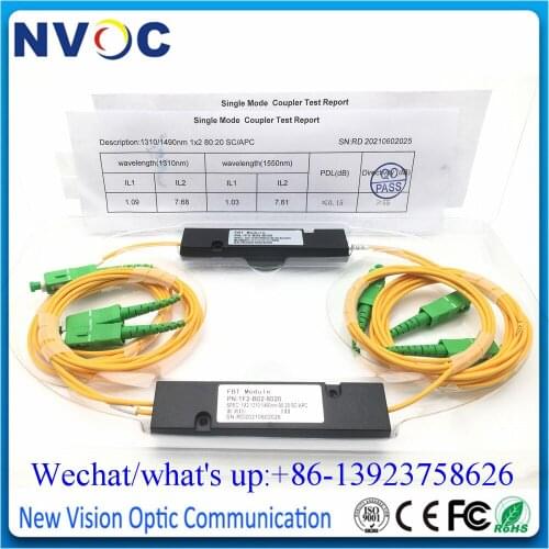 2Pcs 20/80 1X2 FBT1310/1550 Fiber Optic PLC Splitter Coupler with SC/FC/ST/LCAPC Connector,SM,DW,2.0/3.0mm,1M,90*20*10 ABS Box