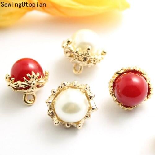 20PCS 13MM Exquisite White Red Faux Pearl Sewing Buttons for Garment Gold Metal Flower Shank Women Coat Shirt Accessories