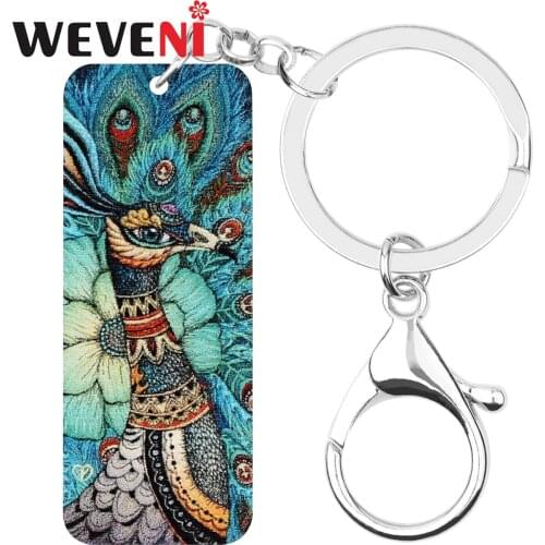 WEVENI Acrylic Rectangle Green Peacock Keychains Long Wings Animal Keyring Jewelry For Women Girls Novelty Gifts Bag Accessories